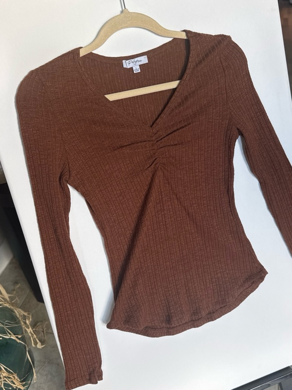 Polagram Wonens Ribbed Long-Sleeve V-Neck Top in Brown